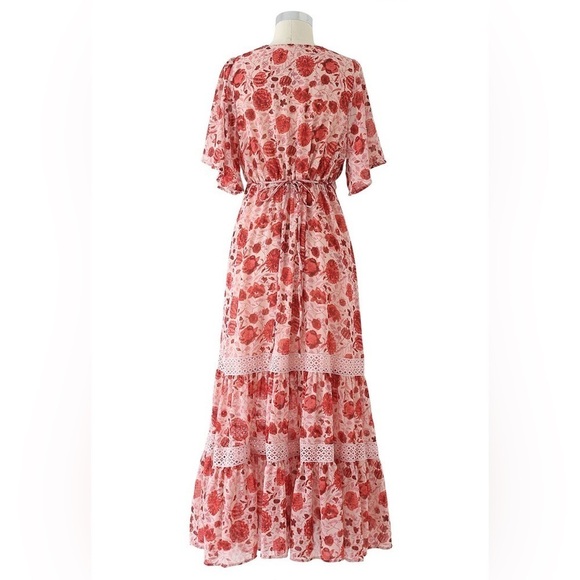 Small cottagecore boho tier ROTES GEHÄKELTES CHIFFON-KLEID MIT BLUMENMUSTER - Picture 2 of 11